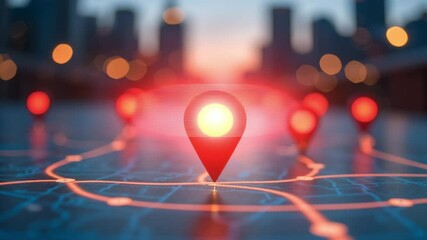 Poster - Colorful location markers on a digital map with blurred cityscape background at dusk