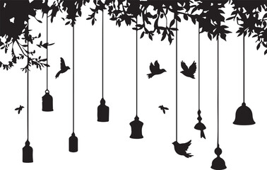 silhouette tree branch with hanging lanterns and birds wall decal sticker decor art
