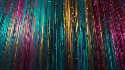 Poster - Vibrant streaks cascade vertically, their colors shifting from teal, blue to golden, pink. Light dances across glossy surface, creating dynamic interplay of huesan abstract expression of movement.