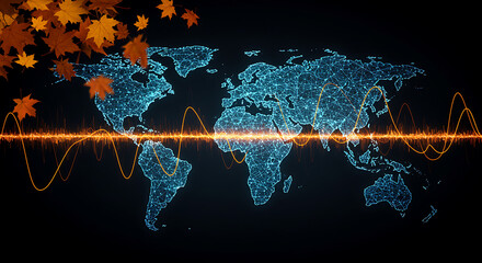 Poster - Digital World Map Data Wave Abstract Illustration Global Technology Environment