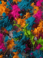 Poster - Explosion of vibrant colors bursts forth from canvas, paint splatters creating abstract dance of energy, movement. Neon pink, deep blue, electric green collide.