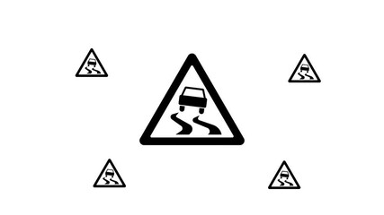 Poster - Zoom in and out animation the slippery road symbol. Large black symbol in the center and four small symbols around. Seamless looped 4k animation on white background