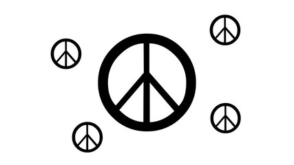 Poster - Zoom in and out animation the peace symbol. Large black symbol in the center and four small symbols around. Seamless looped 4k animation on white background