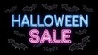 © Ksu_Sha - Neon Halloween sale sign with blue and pink glowing letters surrounded by flying bats on black background