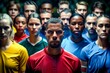 © OLHA - Man standing in front of group of men in blue and red shirts. Generative AI