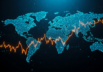 Poster - Digital World Map and Stock Graph Illustration for Global Business and Technology Concepts