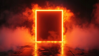 Poster - Vibrant Orange Neon Light Studio Backdrop Against Black Background With Smoky Backlight Reflecting On Wall And Floor, Evoking Dark Room Excitement, Competition, And Modern Technology.