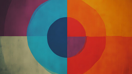 Wall Mural - Abstract concentric circles in blue and red hues, divided by a central axis, set against a dark background. Divided Axis. Illustration