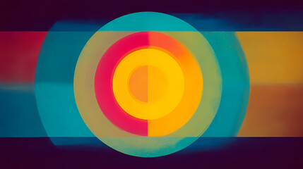 Wall Mural - Abstract concentric circles in blue and red hues, divided by a central axis, set against a dark background. Divided Axis. Illustration