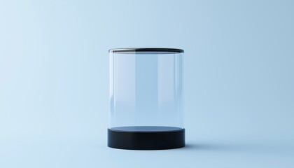 Poster - Translucent Round Glassmorphism Cylinder Podium On Blue: Pastel Showcase Mockup For Product Display Stage.