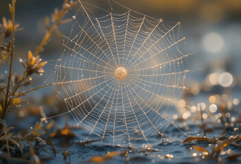 A spider web is shown in the foreground of a field of flowers