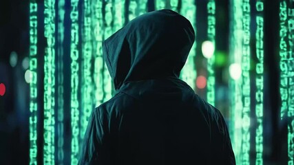 Poster - Man in hoodie jacket stands against a backdrop of glowing binary code at night, Man in hoodies jackets stand with binary code digital interface , Data thief