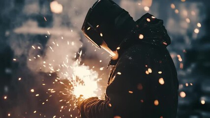 Poster - Male engineer operates welding torch while sparks illuminate the surroundings during a night project, Male engineer using welding torch