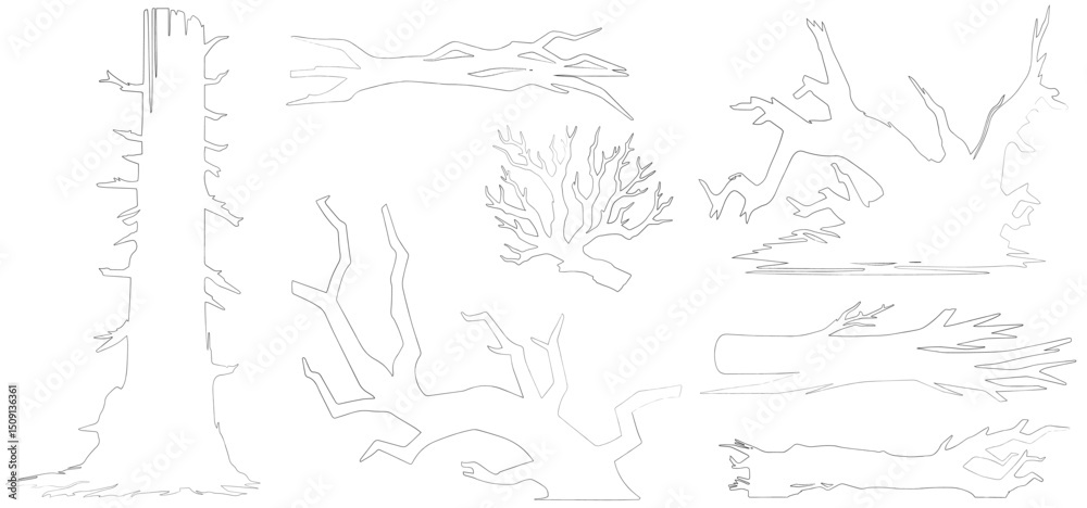 Tree Breaking Out Line Minimal style cad broken tree line drawing. set of graphics trees ...