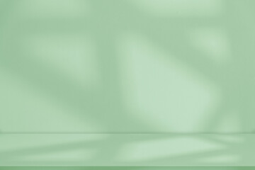 Poster - Green Background with shadow leaf,light overlay on podium stage for Product Display,Studio background with abstract sunlight on floor concrete and green wall concrete texture...
