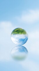 Poster - Transparent glass sphere reflecting blue sky and green trees, creating a serene and tranquil atmosphere with a sense of calm and clarity