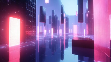 Fototapete - Exploring floating geometric structures in a futuristic cyberspace environment a 3d visual experience