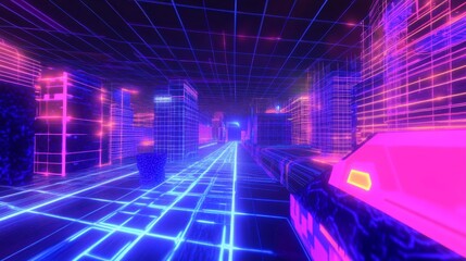 Poster - Dynamic neon grid exploration virtual environment digital art cyberspace futuristic perspective bright neon landscape