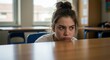 © Анастасия Макевич - Grumpy girl hiding behind classroom table
