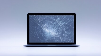 Fototapete - Laptop mock up with cracked screen displaying abstract design on a minimalistic background with soft gradient and copy space for text or graphics