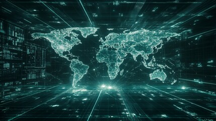 Poster - Exploring a glowing futuristic world map global distribution networks digital art virtual environment bird's eye view high-tech concept