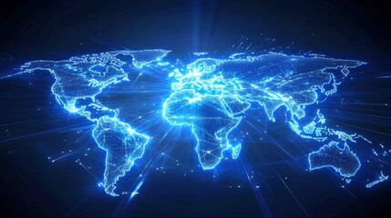 Poster - Aerial perspective futuristic world map with radiant lines in a high-tech environment
