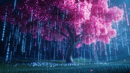 Poster - Neon glowing digital dance futuristic cyberspace virtual reality scene lush landscaped environment aesthetic perspective illuminated concept