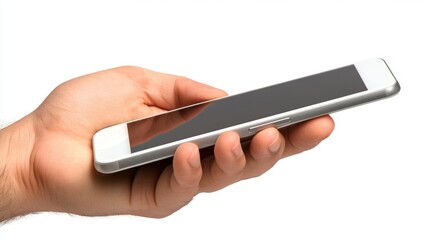 Poster - Captivating hand displaying a sleek smartphone with white bezel modern urban setting digital content close-up view for maximum engagement