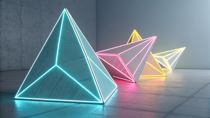 Aufkleber - Illuminated pyramids with neon outlines in a row against a gray background in a studio setting