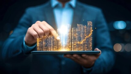 Poster - A digital cityscape with glowing skyscrapers and growth graph is projected above a tablet held by a businessman in a suit.