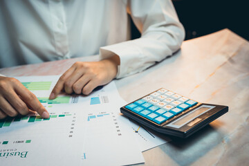 Poster - Business concept. Person Analyzing Financial Data with Calculator and Charts for Business Planning and Budgeting Tasks