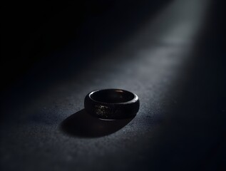 a single dark ring rests in a beam of light on a textured surface, evoking mystery, preciousness, co