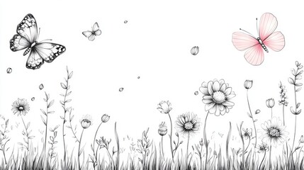 Poster - In a misty field, butterflies and flowers are beautifully captured in graphic art form, making it suitable for desktop wallpaper or printing with a nature theme