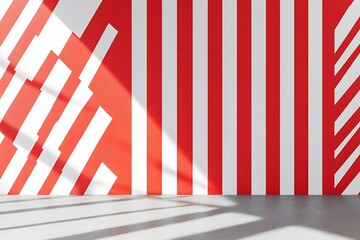 Poster - Room with Red and White Vertical Stripes, Geometric Design, Shadows, and Light Play