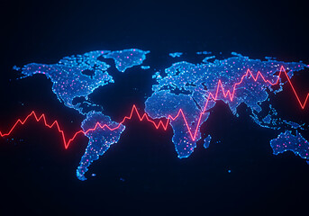 Poster - Global Digital Network World Map with Fluctuating Red Financial Stock Market Graph