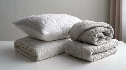Poster - Two plush pillows are stacked beside a neatly folded blanket in soft tones. The items are placed on a clean, simple table, enhancing a tranquil atmosphere in the room