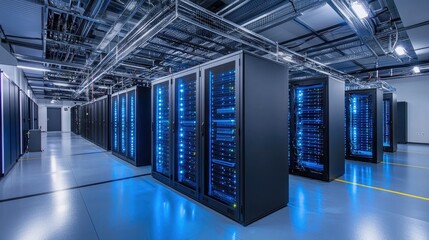Aufkleber - Modern data center interior with multiple glowing blue server racks and visible cable trays, ideal for technology websites, cloud service promotions, and cybersecurity visuals