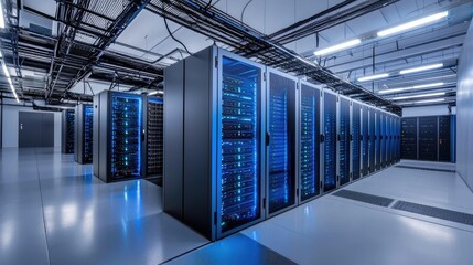 Aufkleber - High-tech server room interior with glowing blue data racks, overhead cable trays, and clean reflective flooring, ideal for cloud computing, cybersecurity, and IT infrastructure content