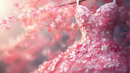 Aufkleber - A fashion display featuring a pink dress adorned with flowers on a mannequin, ideal for use in editorial or commercial contexts