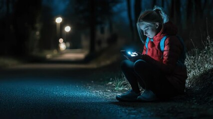 Aufkleber - Young girl sits by the road, focused on her phone