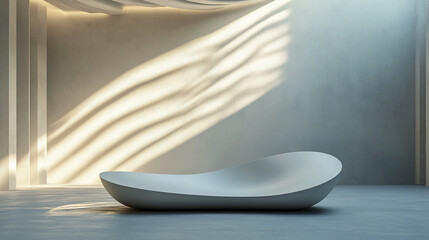 Poster - Serene Minimalist Interior Design featuring a Modern Organic Sculptural Seat bathed in Soft Sunlight streaming through a high window illuminating the neutral walls and floor.