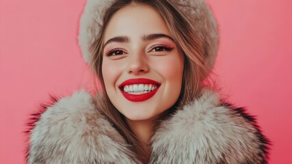 Poster - A woman wearing a luxurious fur coat and bold red lipstick, perfect for a winter evening or a glamorous occasion