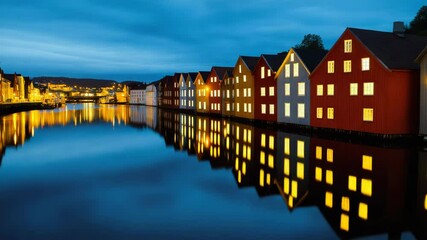 Aufkleber - A row of colorful houses situated next to a body of water, suitable for use in travel or vacation related projects