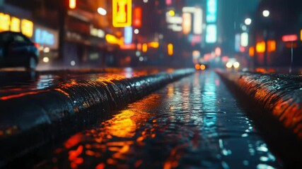 Poster - A rainy city street scene with neon lights, perfect for evening or nighttime use