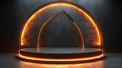 Poster - Elegant Dark Background with Glowing Orange Arch and Circular Platform Ideal for Product Showcase or Presentation Design featuring a Modern Minimalist Aesthetic