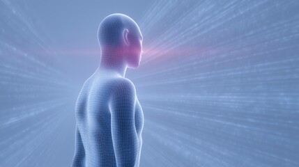 Fototapete - 3D illustration of a human figure composed of digital wireframe, standing in a futuristic environment with light rays emanating, representing technology and human connection