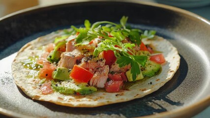 Poster - A delicious meal on a plate, featuring a tortilla filled with meat and various vegetables