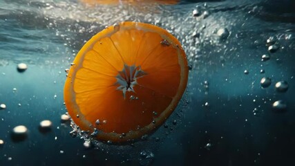 Poster - Fresh orange slice floats on calm water surface