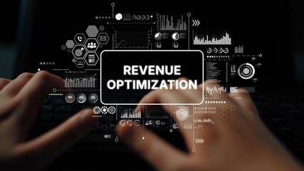 Poster - hands typing on a keyboard with graphical data and revenue optimization concept overlayed in a digit