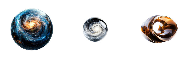 Wall Mural - three spherical galaxy universe objects, detailed view, cut out transparent